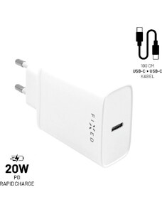 Set síťové nabíječky FIXED s USB-C výstupem a USB-C/USB-C kabelu, podpora PD, 1 metr, 20W, bílý