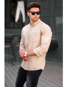 Madmext Men's Cream Linen Straight Long Sleeve Shirt 5548