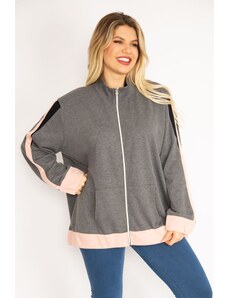Şans Women's Large Size Gray Front Zippered Kangaroo Pocket Sweatshirt Coat