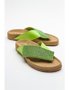 LuviShoes BEEN Women's Green Stone Leather Flip Flops