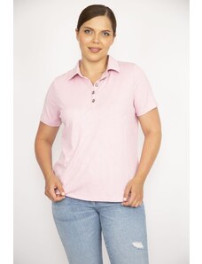Şans Women's Pink Plus Size Polo Neck Front Pat Buttoned Camisole Fabric Short Sleeve Blouse