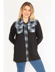 Şans Women's Plus Size Blue Plaid Garnish Front Buttoned Pocket Shirt