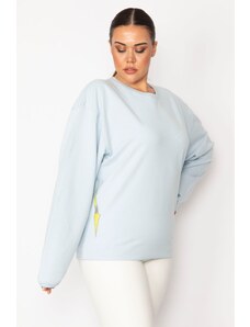 Şans Women's Plus Size Blue Cotton Fabric Crewneck Sweatshirt with Print Detail on the Back