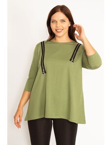 Şans Women's Large Size Khaki Ornamental Zippered Sweatshirt