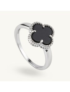 SilveAmo Luxusní stříbrný prsten Onyxový čtyřlístek 53