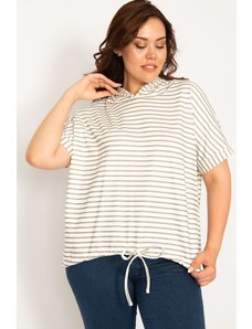 Şans Women's Plus Size Khaki Hooded Striped Sweatshirt
