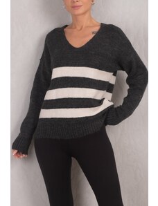 armonika Women's Black and White Lily V-Neck Striped Knitwear Sweater