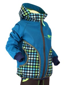 BajaDesign softshellová bunda pro kluky, petrolejová, zelené kostičky vel. 134/140