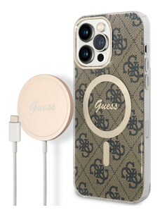 Guess 4G MagSafe Kompatibilní pouzdro + Bezdrátová Nabíječka pro iPhone 14 Pro Max hnědá