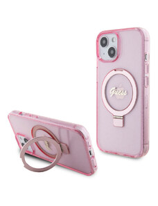 Guess IML Ring Stand Glitter MagSafe Zadní Kryt pro iPhone 15 růžová