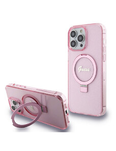 Guess IML Ring Stand Glitter MagSafe Zadní Kryt pro iPhone 15 Pro Max růžová