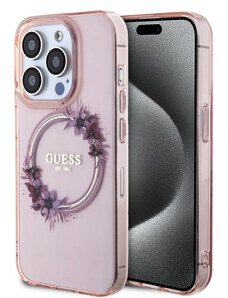 Guess PC/TPU Flowers Ring Glossy Logo MagSafe Zadní Kryt pro iPhone 15 Pro růžová