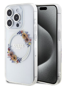 Guess PC/TPU Flowers Ring Glossy Logo MagSafe Zadní Kryt pro iPhone 13 Pro Max transparentní