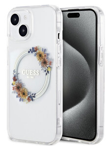 Guess PC/TPU Flowers Ring Glossy Logo MagSafe pouzdro pro iPhone 15 transparentní