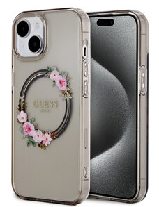 Guess PC/TPU Flowers Ring Glossy Logo MagSafe pouzdro pro iPhone 15 černá