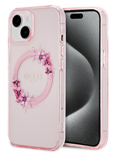 Guess PC/TPU Flowers Ring Glossy Logo MagSafe Zadní Kryt pro iPhone 15 růžová