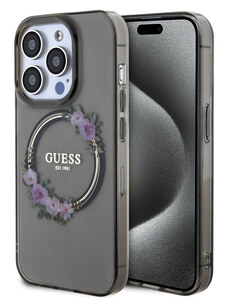 Guess PC/TPU Flowers Ring Glossy Logo MagSafe Zadní Kryt pro iPhone 13 Pro černá