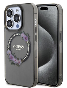 Guess PC/TPU Flowers Ring Glossy Logo MagSafe Zadní Kryt pro iPhone 15 Pro Max černá