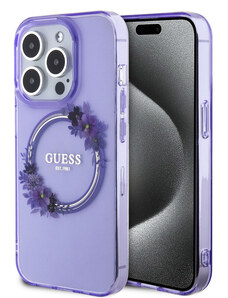 Guess PC/TPU Flowers Ring Glossy Logo MagSafe pouzdro pro iPhone 15 Pro Max fialová