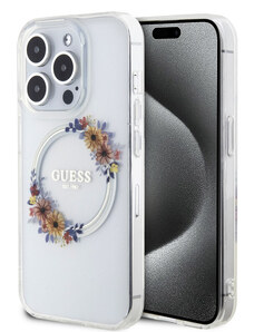 Guess PC/TPU Flowers Ring Glossy Logo MagSafe pouzdro pro iPhone 13 Pro transparentní
