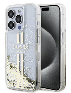 Guess PC/TPU Liquid Glitter Stripe Zadní Kryt pro iPhone 15 Pro transparentní