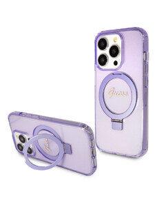 Guess IML Ring Stand Glitter MagSafe pouzdro pro iPhone 15 Pro fialová