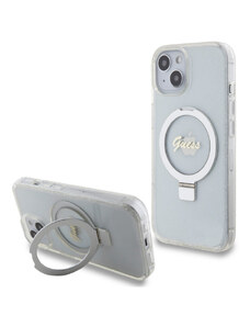 Guess IML Ring Stand Glitter MagSafe Zadní Kryt pro iPhone 15 transparentní