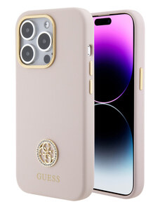 Guess Liquid Silicone 4G Strass Metal Logo Zadní Kryt pro iPhone 15 Pro růžová