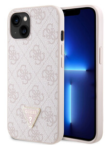 Guess PU 4G Strass Triangle Metal Logo Zadní Kryt pro iPhone 15 růžová