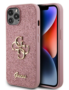 Guess PU Fixed Glitter 4G Metal Logo Zadní Kryt pro iPhone 12/12 Pro růžová