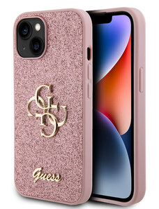 Guess PU Fixed Glitter 4G Metal Logo Zadní Kryt pro iPhone 13 růžová