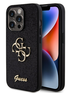 Guess PU Fixed Glitter 4G Metal Logo Zadní Kryt pro iPhone 15 Pro černá