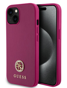 Guess PU 4G Strass Metal Logo Zadní Kryt pro iPhone 15 růžová