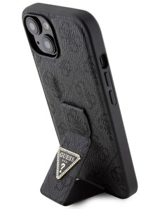 Guess PU Grip Stand 4G Strass Triangle Metal Logo Zadní Kryt pro iPhone 15 černá