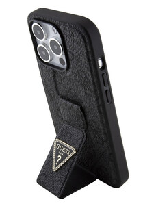 Guess PU Grip Stand 4G Strass Triangle Metal Logo pouzdro pro iPhone 15 Pro Max černá