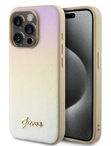 Guess PU Leather Iridescent Metal Script Zadní Kryt pro iPhone 15 Pro zlatá