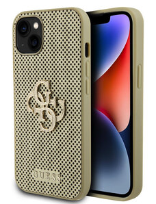 Guess PU Perforated 4G Glitter Metal Logo pouzdro pro iPhone 15 zlatá