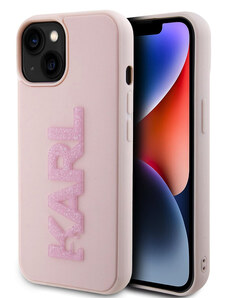 Karl Lagerfeld 3D Rubber Glitter Logo Karl Zadní Kryt pro iPhone 15 růžová