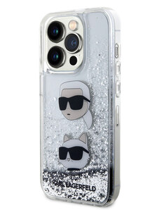Karl Lagerfeld Liquid Glitter Karl and Choupette Head pouzdro pro iPhone 15 Pro stříbrná