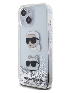 Karl Lagerfeld Liquid Glitter Karl and Choupette Head pouzdro pro iPhone 15 stříbrná