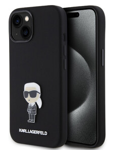 Karl Lagerfeld Liquid Silicone Metal Ikonik Zadní Kryt pro iPhone 15 černá