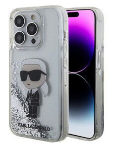 Karl Lagerfeld Liquid Glitter Karl Head Zadní Kryt pro iPhone 15 Pro stříbrná