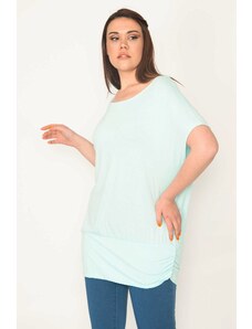 Şans Women's Plus Size Cyan Green Crew Neck Hem Tape Low Sleeve Tunic