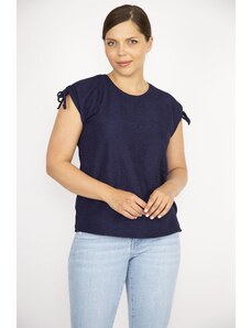 Şans Women's Navy Blue Plus Size Lace Up Shoulder Polyester Fabric Blouse
