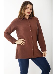 Şans Women's Plus Size Cinnamon Self Striped Long Sleeve Shirt with Metal Button