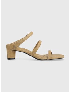 Semišové pantofle Tommy Hilfiger TH STRAP SUEDE MID HEEL dámské, béžová barva, na podpatku, FW0FW08043