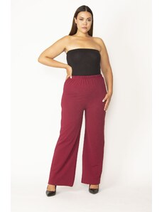 Şans Women's Plus Size Claret Red Stripe Fabric Elastic Waist Piper Trousers