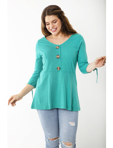 Şans Women's Large Size Green Cotton Fabric Ornamental Buttoned Sleeve Lace Blouse