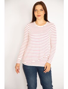 Şans Women's Large Size Red Wrap Front Striped Blouse