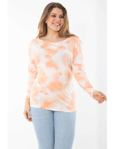 Şans Women's Plus Size Orange Tie Dye Patterned Long Sleeve Blouse